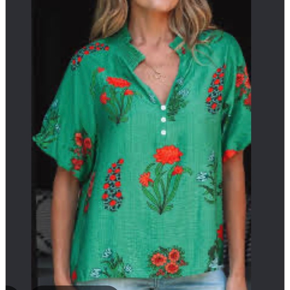 THML Womens Green Floral Smocked Mock Neck Blouse XL Crinkle Short Sleeve Top